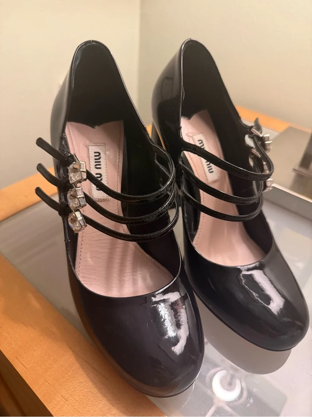 Miu Miu Black Patent Triple-Strap Block Heels with Crystal Buckles